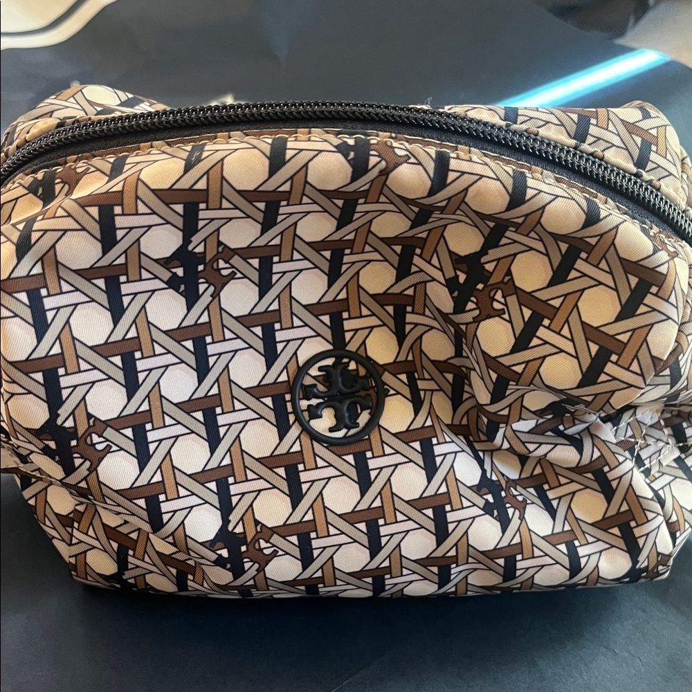 Tory Burch Beige, Brown & Navy Patterned Cosmetic Pouch